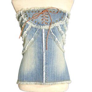 NWT Vintage Denim Distressed Studded Corset Fringe Randolph Duke Tube Top Y2K 16